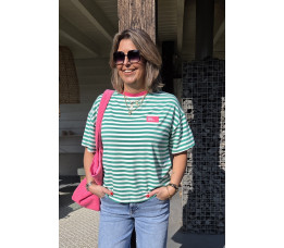 STREEP T-SHIRT groen/wit/roze