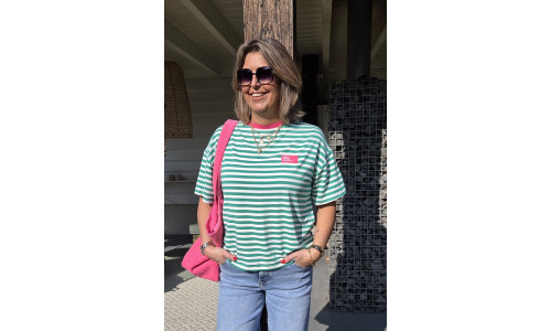 STREEP T-SHIRT groen/wit/roze